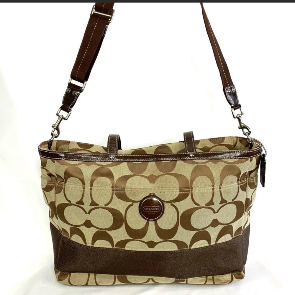 Coach F15188 Tan Brown Signature Canvas XL Shoulder Diaper Bag Travel Laptop
